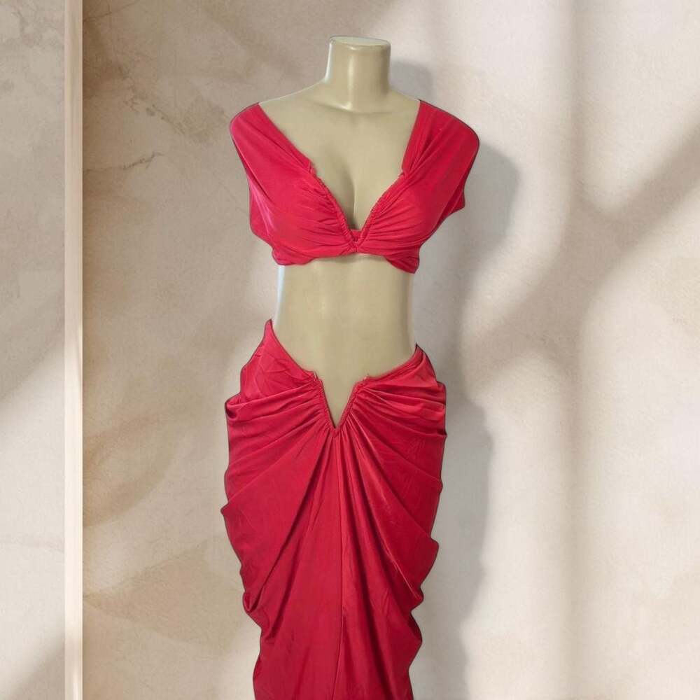 Red Two Piece Set – Ruched Crop Top & Maxi Skirt Sexy Elegant Night Out ✧ L